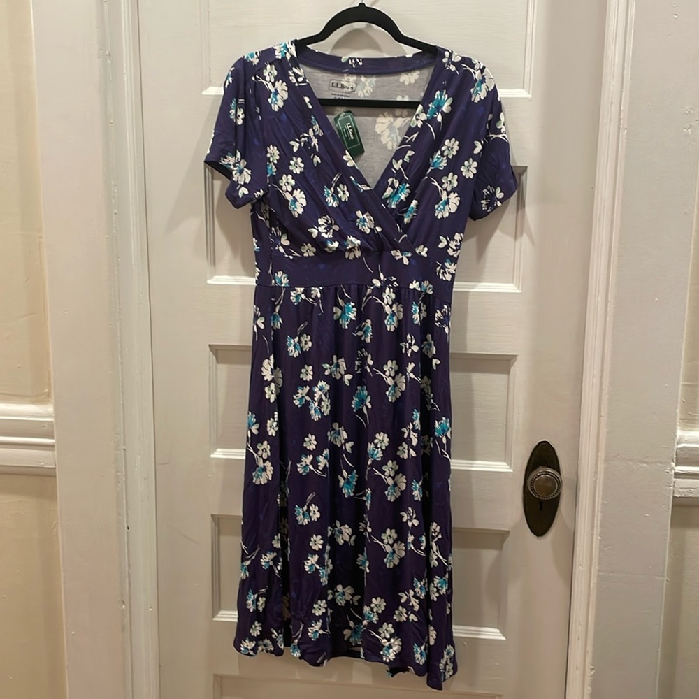 LLBEAN NWT women’s Small floral blue midi dress